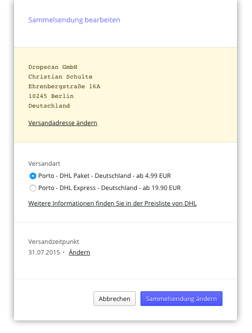 Dialog Sammelsendung ändern