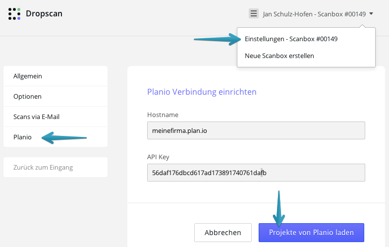 Einstellungen Scanbox: Planio